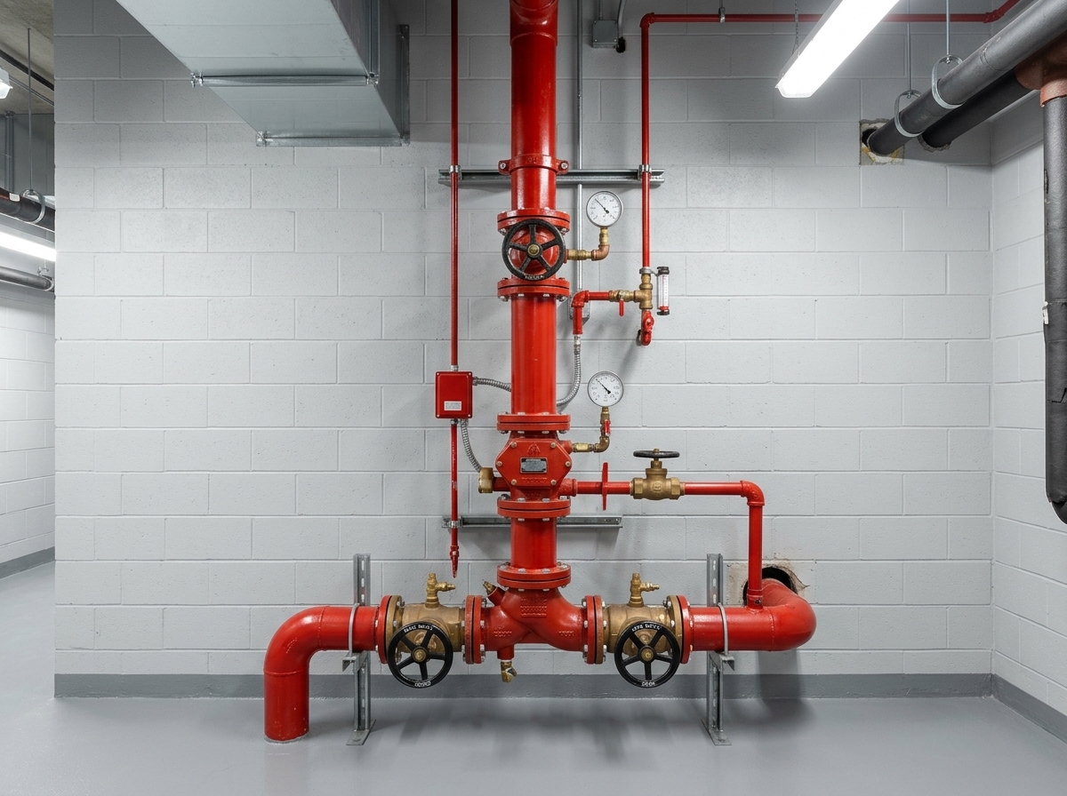 Sprinkler riser, valves and backflow assembly in a mechanical room in Milwaukee, WI