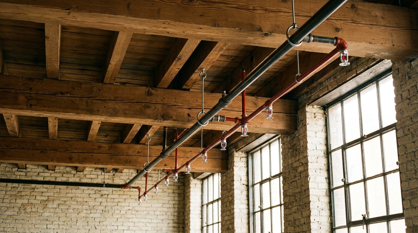 Fire sprinkler piping and heads installed in a commercial ceiling, illustrating sprinkler work for Milwaukee, WI